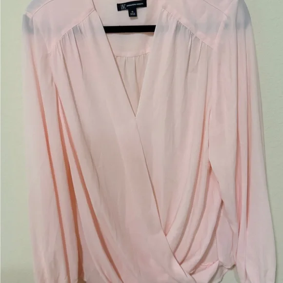 Blush Pink Wrap Blouse | Long Sleeve Draped V-Neck Top | Elegant Chiffon Style - Picture 4 of 11